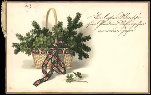 Neujahr Sylvester New Year; Grusskarte Korb mit Kleeblatt Bouquet 1910