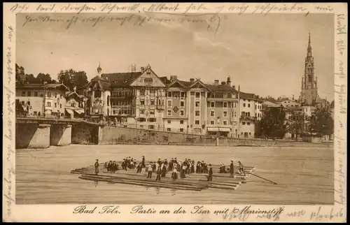 Ansichtskarte Bad Tölz Marienstift, Isar - Menschen auf Floß 1927