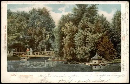 Ansichtskarte Wels (Oberösterreich) Volkspark, Brücke Taubenhaus 1908