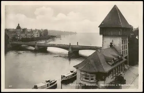 Ansichtskarte Konstanz Rhein Rheinbrücke u. Rheintorturm 1930