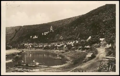 Zwingenberg (Bergstraße) Panorama-Ansicht Partie am Neckar; kleine Fähre 1929