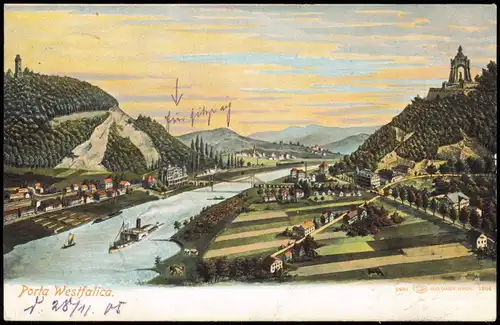 Ansichtskarte Porta Westfalica Künstlerkarte Rheinpartie - Denkmal 1904