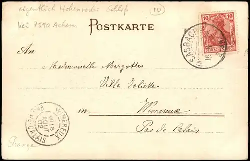 Achern Brigittenschloss Schwarzwald 1902  gel Stempel Wimereux Pas de Calais