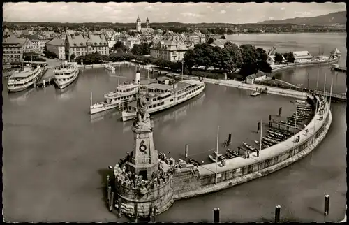 Lindau (Bodensee) Hafen aus der Vogelschau; Bodensee Schiffe 1958