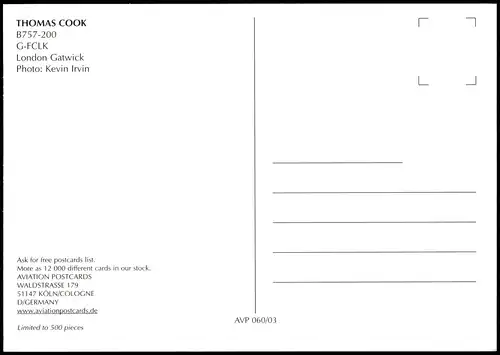 Postcard London Flugzeug Boeing THOMAS COOK B757-200 G-FCLK Gatwick 2003
