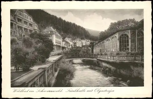 Ansichtskarte Bad Wildbad Schwarzwald Trinkhalle mit Olgastraße 1930