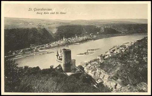 Ansichtskarte St. Goarshausen Ortspanorama mit Burg Katz und St. Goar 1908
