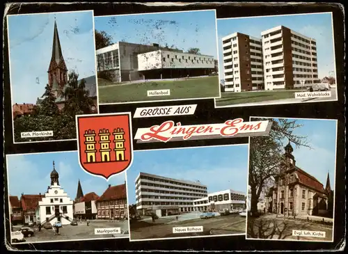 Lingen (Ems) Mehrbild-AK mit Hallenbad, Wohnblocks, Rathaus uvm. 1972