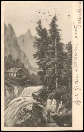 Ansichtskarte  Künstlerkarte Wanderer am Fluß, Gebirge - Hütte 1904