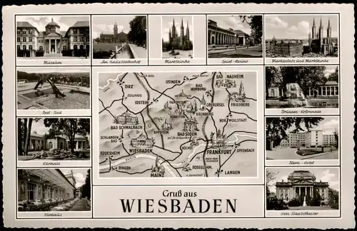 Wiesbaden Mehrbild-AK mit Umgebungskarte u. Stadtteilansichten 1958
