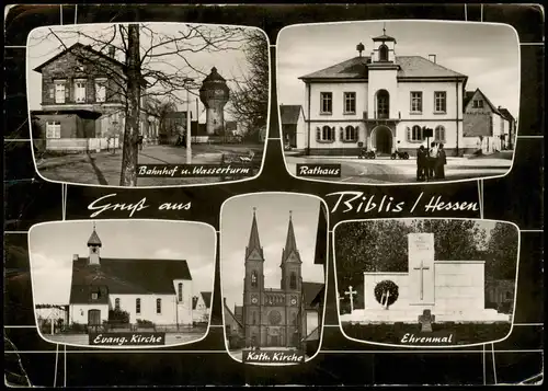Biblis Mehrbild-AK Ortsansichten ua. Bahnhof, Wasserturm, Ehrenmal, Kirche 1960