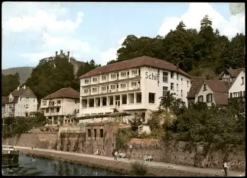 Ansichtskarte Neckarsteinach Partie am Hotel und Metzgerei Zum Schiff 1966