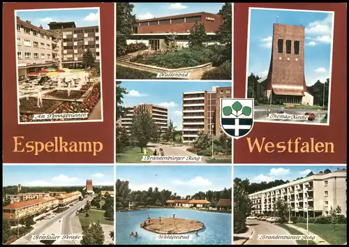 Espelkamp Mehrbild-AK mit Waldfreibad, Straßen, Hallenbad, Kirche 1990