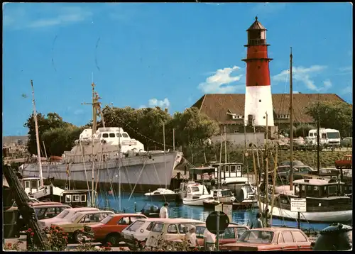 Ansichtskarte Büsum Leuchtturm (Lighthouse) Hafen Schiff Autos 1983