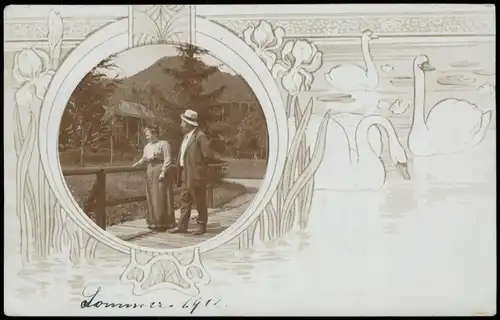 Foto  Jugendstil Schwäne, Familie im Park 1912 Privatfoto