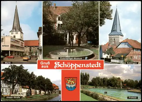 Schöppenstedt Mehrbildkarte mit Eulenspiegel-Museum Jasper-Straße Freibad 1980
