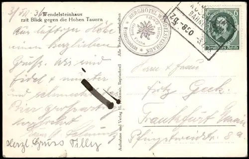 Ansichtskarte Bayrischzell  Wendelsteinhaus 1933  gel. Bahnpoststempel