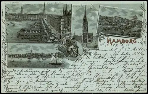 Ansichtskarte Hamburg Mondscheinlitho: Uhlenhorst, Zoo, Alster 1899