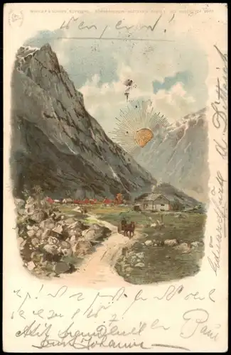 Ansichtskarte  Weg durch Gebirgstal - Goldsonne 1899
