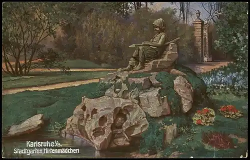 Ansichtskarte Karlsruhe Stadtgarten, Hirtenmädchen - Künstlerkarte 1912