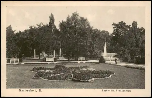 Ansichtskarte Karlsruhe Stadtgarten, Bänke und Fontäne 1922