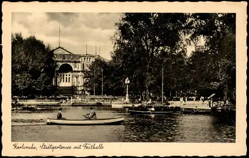 Ansichtskarte Karlsruhe Stadtgarten, Festhalle . Rückseitig Werbung 1932