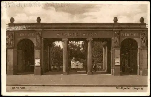 Ansichtskarte Karlsruhe Stadtgarten-Eingang TIERPARK 1928
