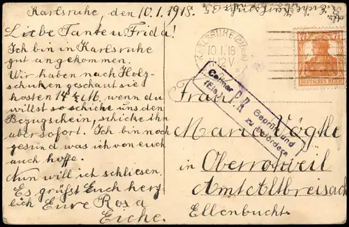 Ansichtskarte Karlsruhe Stadtgarten 1918  gel. Feldpost Colmar Geprüft