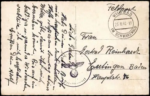 Ansichtskarte Bad Wildbad mit Sommerberg 1940  gel. Feldpost-Stempel WK2