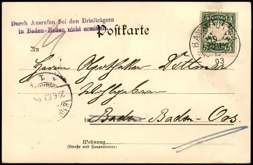 Bayreuth Erimitage 1903  Stempel: Durch Ausrufen Brieträgern Baden Baden n.e.