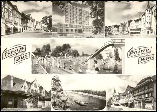 Peine Mehrbild-AK mit Markt, Rathaus, Badeanstalt, Kanal uvm. 1968
