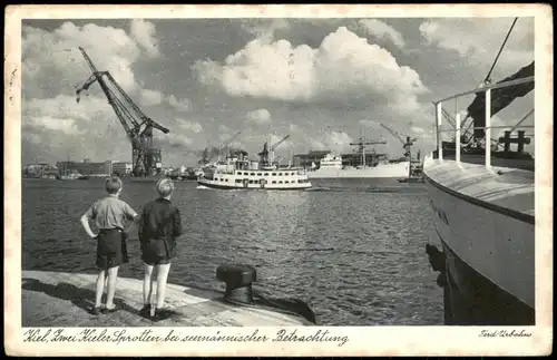 Ansichtskarte Kiel Hafen, zei Sprotten bei seemännischer Betrachtung 1951