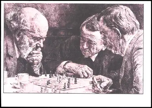 Ansichtskarte  Schach-Spiel Motiv-AK Grübelnde Spieler vor Schachbrett 1980