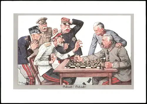 Schach-Spiel Motiv-AK Illustration Humor Militärs als Spieler 1980