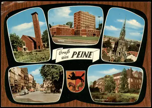 Peine Mehrbildkarte mit Rathaus, Kirche, Straße, Krankenhaus 1970