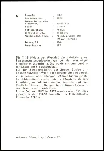 Verkehr & Eisenbahn Lokomotive T 18 Dampflok Preußische Staatsbahn 1971