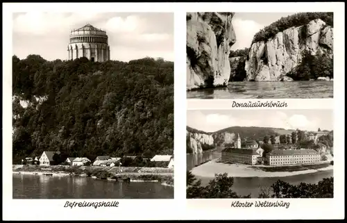 Kelheim Mehrbild-AK Befreiungshalle Kloster Weltenburg Donau 1960