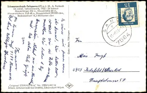 Ansichtskarte Forbach (Baden) Schwarzenbach-Talsperre im Schwarzwald 1963