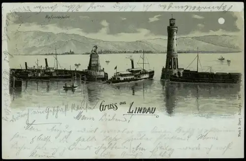 Ansichtskarte Litho AK Lindau (Bodensee) Hafen, Dampfer - Mondschein 1899