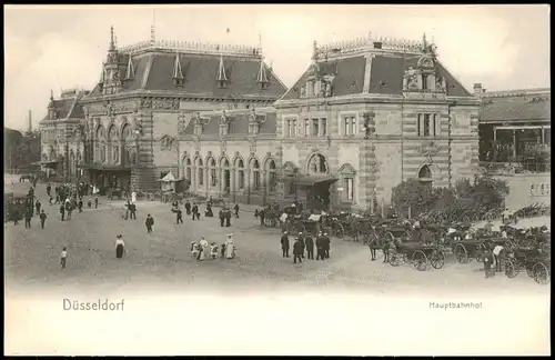 Ansichtskarte Düsseldorf Hauptbahnhof, Fuhrwerke 1909