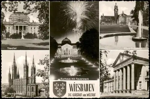 Wiesbaden Mehrbildkarte mit Theater, Hauptbahnhof, Feuerwerk uvm. 1955