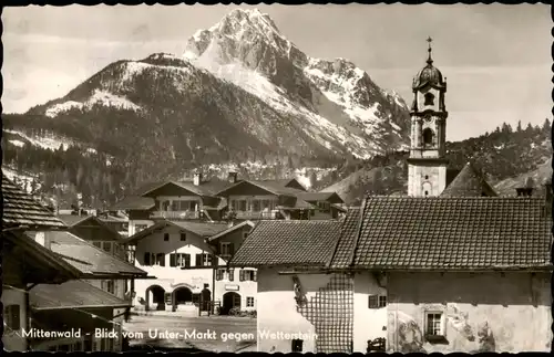 Ansichtskarte Mittenwald Blick vom Unter-Markt gegen Wetterstein 1953