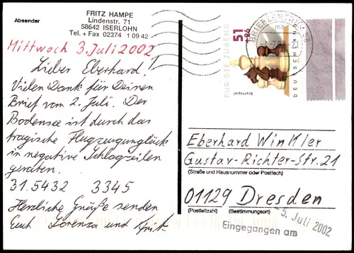 Ansichtskarte  Scherzkarte Mann Brief.. benutzt als Fernschach Karte 2002