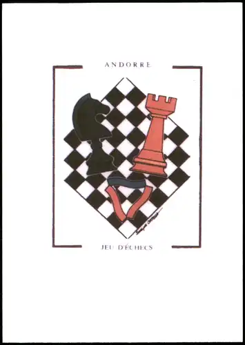 Schach - Spiel, Fernschach beschrieben, Künstlerkarte Andorre 2003