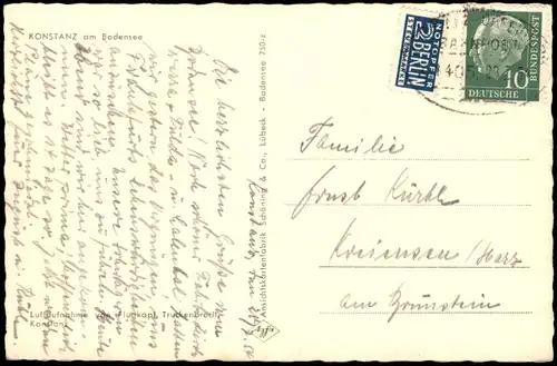 Ansichtskarte Konstanz Luftbild Luftaufnahme 1954  Bahnpost (Bahnpoststempel)