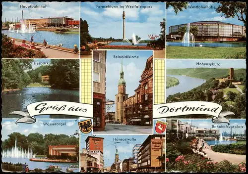 Dortmund Mehrbild-AK Tierpark Hauptbahnhof, Fernsehturm Westfalenpark uvm. 1965