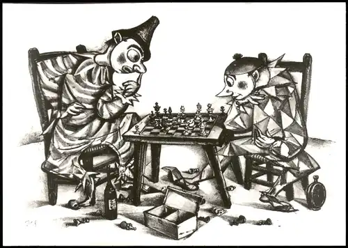 Ansichtskarte  Schach Chess Spiel Clowns als Spieler vor Schachbrett 1990