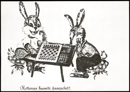 Ansichtskarte  Schach Chess Spiel Osterfest-Karte Hasen am Schachspielen 2000