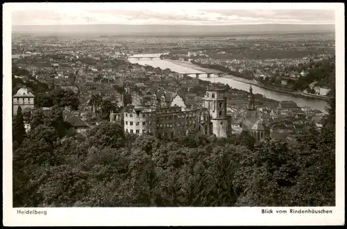 Heidelberg Panorama-Ansicht Weitblick Schloss u. Neckar Brücken 1952
