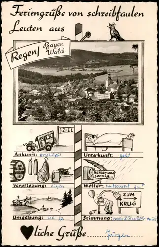 Regen Panorama-Ansicht, Feriengrüße von schreibfaulen Leuten 1959